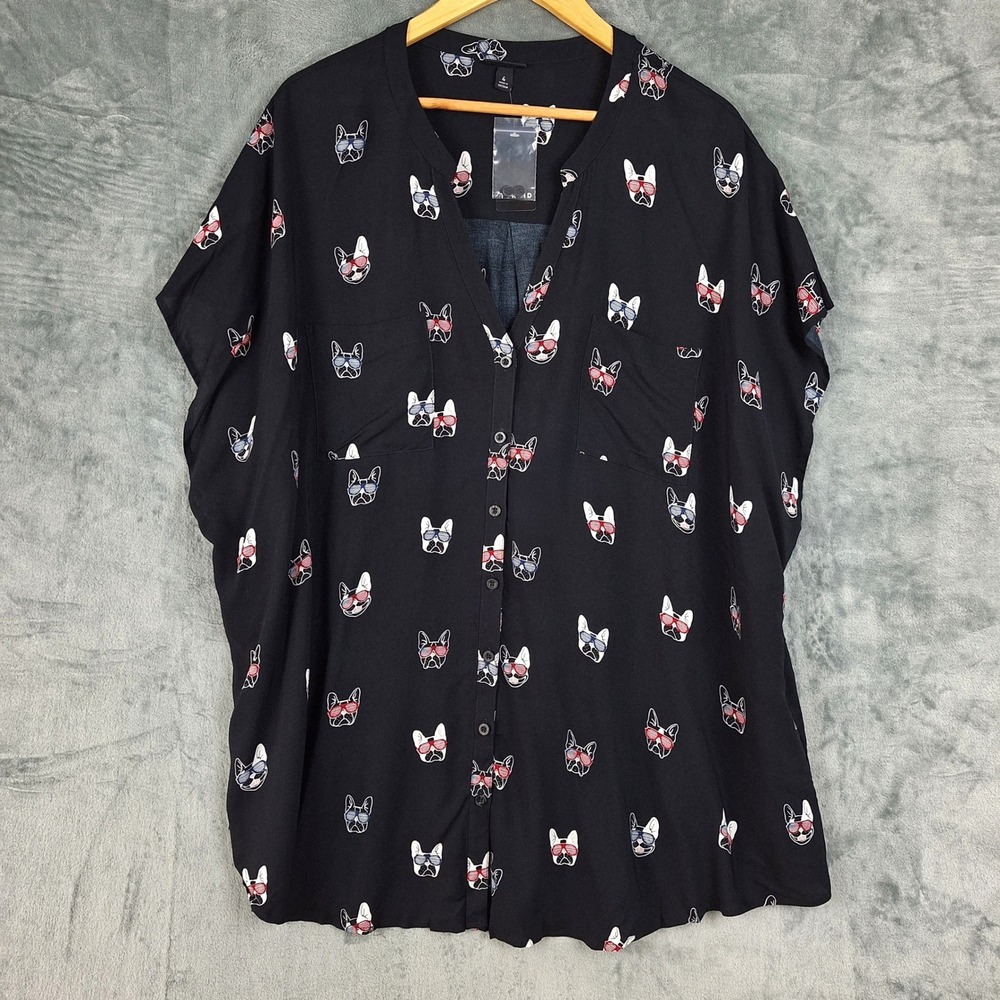 Torrid Top 4X Black French Bulldog Challis Button Up Dolman Georgette Pockets‎